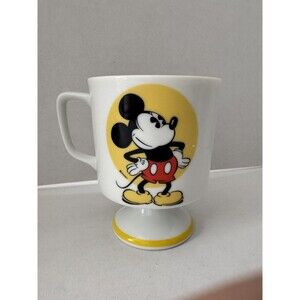 Vtg 70s Walt Disney Vintage Mickey Yellow Graphic Pedestal Footed Coffee Mug Cup